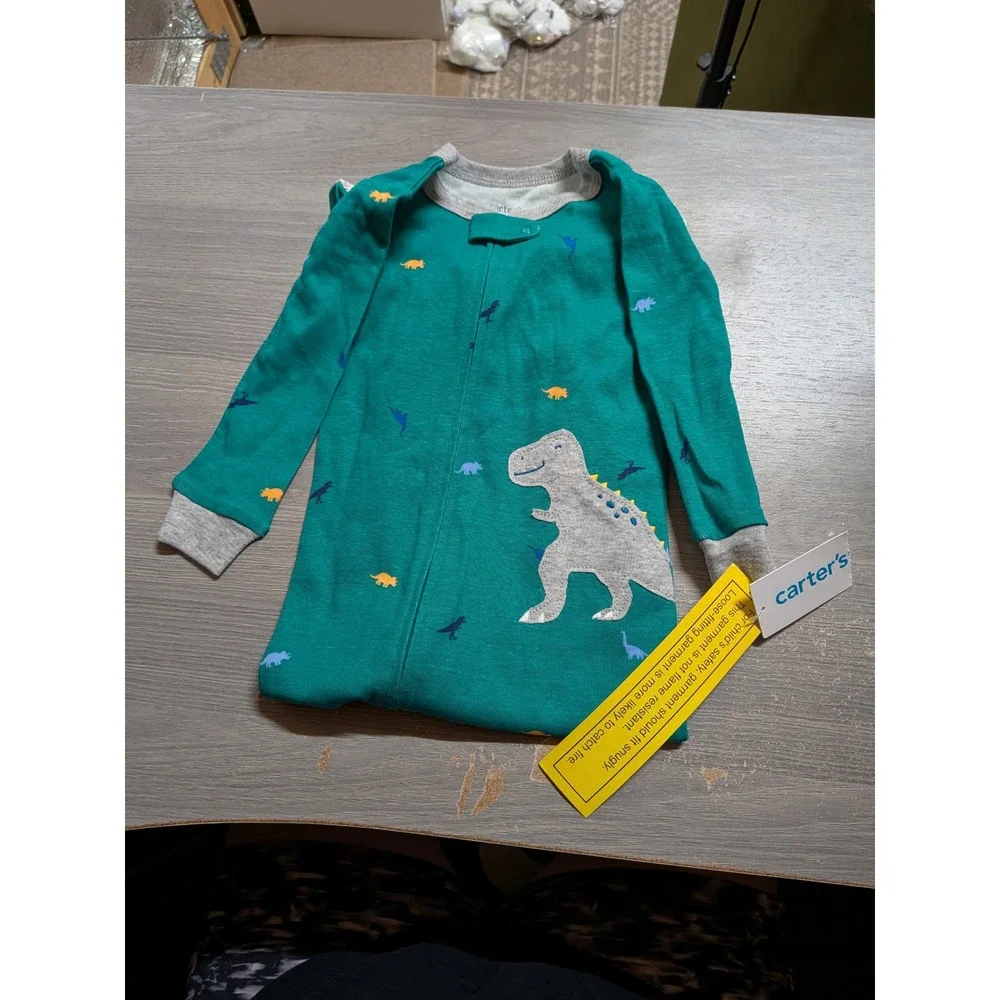 Carters Kids 18M Teal‎ Green Dinosaur T-Rex Snug Fit Cotton Footed Pajamas NWT